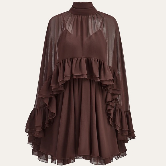 Commense Dresses & Skirts - 138 Semi-Sheer Chiffon Ruffle Dress With Outer Cape